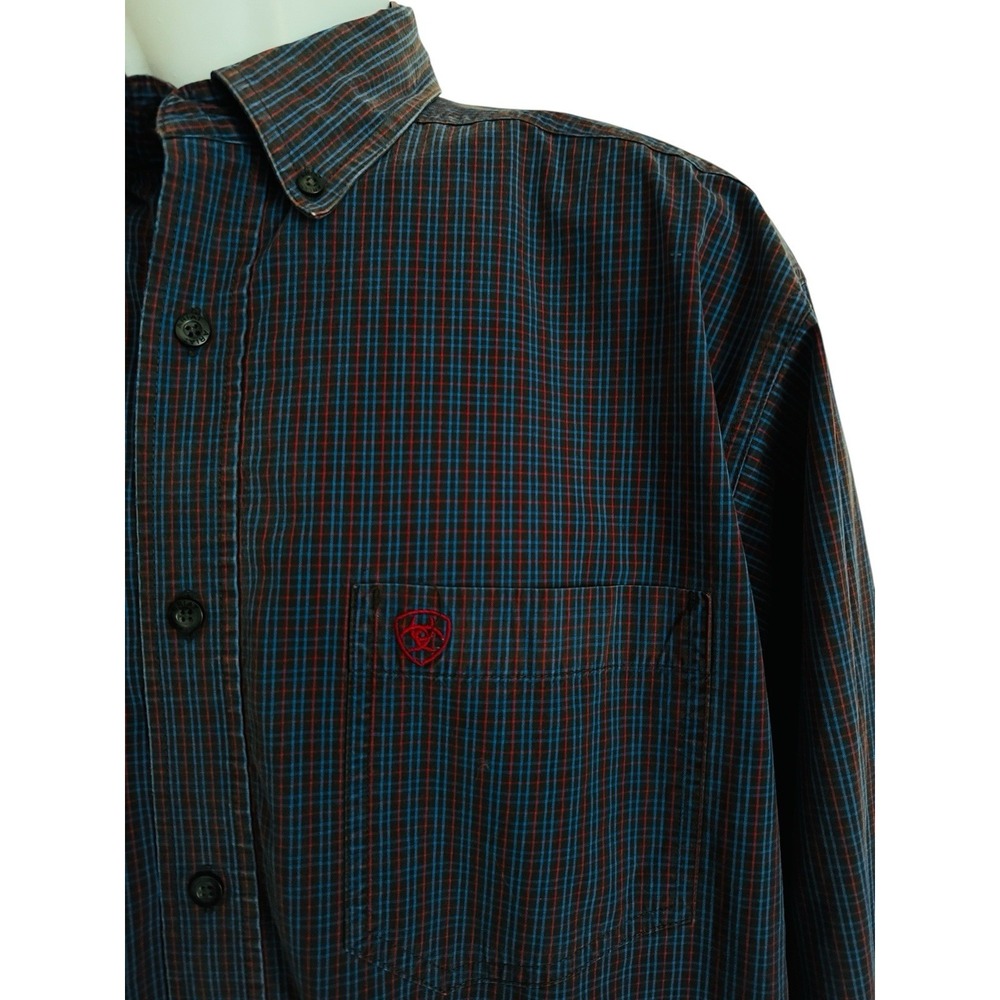 Ariat Pro Men‎ Shirt Long Sleeve L Button Blue Red Check Dress Embroidered